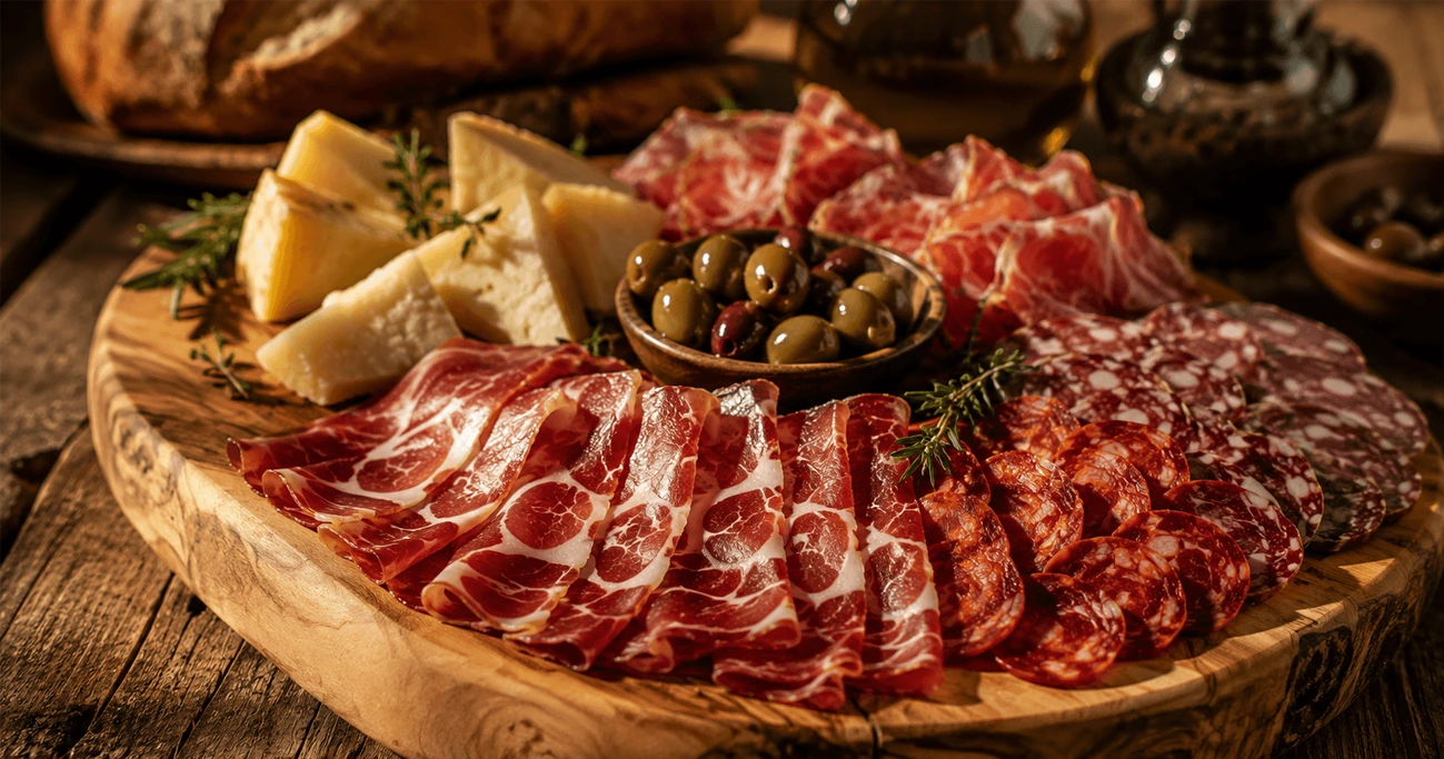 Planche de charcuterie ibérique avec jambon Pata Negra Bellota, chorizo, saucisson et fromage